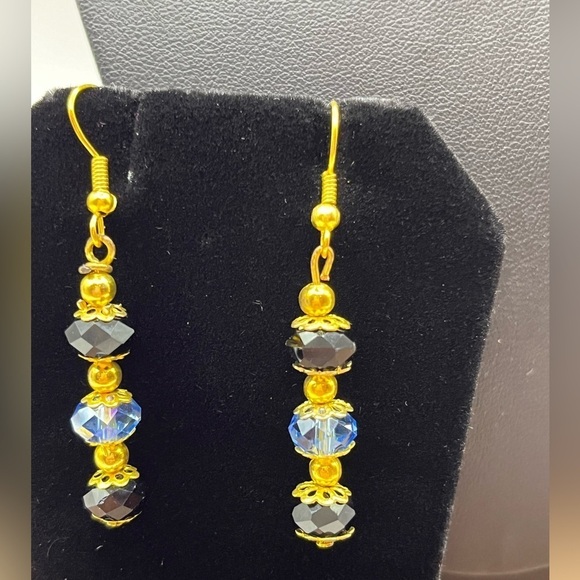 Necklace and Earrings Set Blue and Black Sparkling Beads Gold Tone Layered - Picture 10 of 14